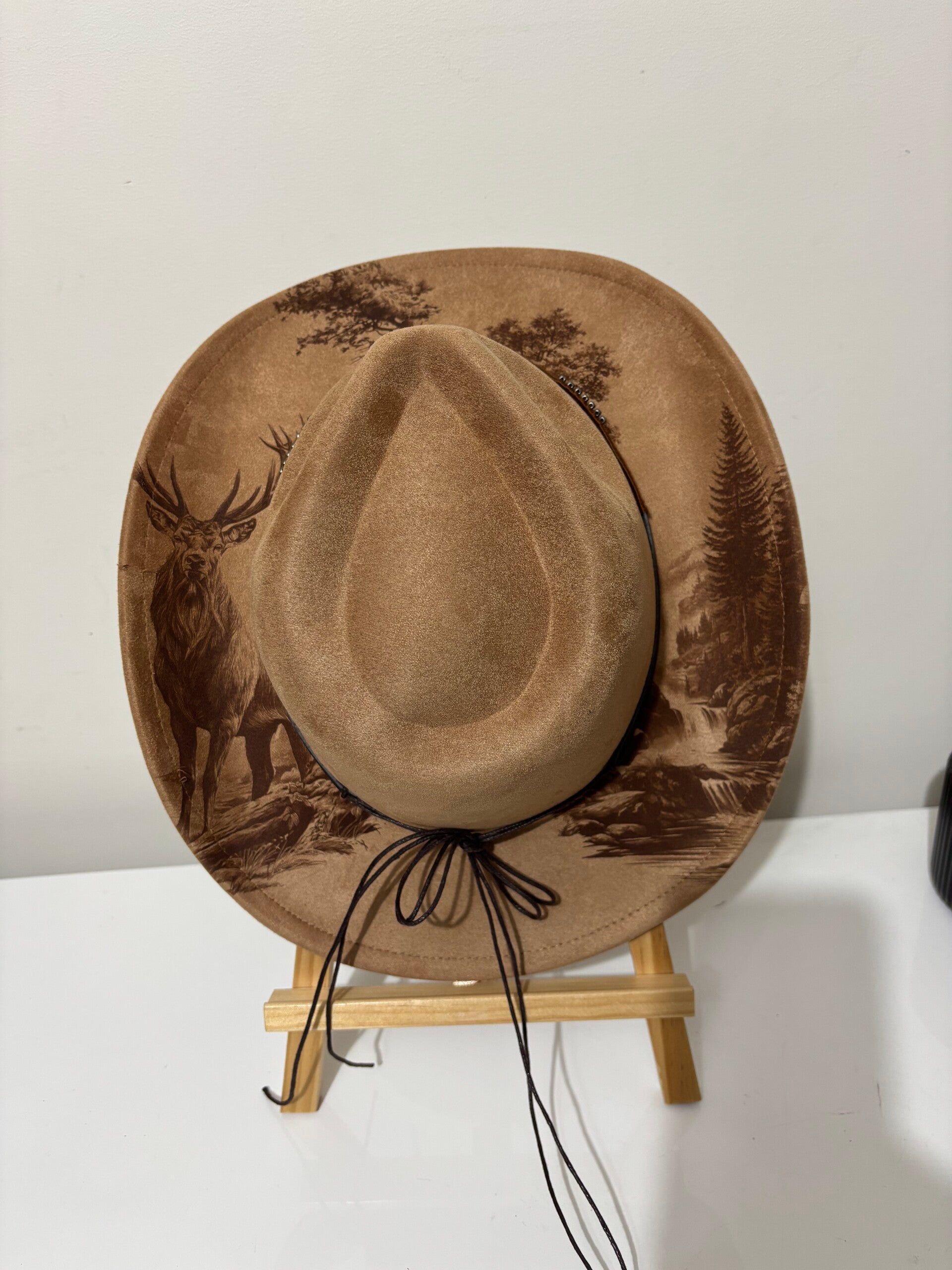 Stunning deer in the forest with waterfall laser etched fedora hat.