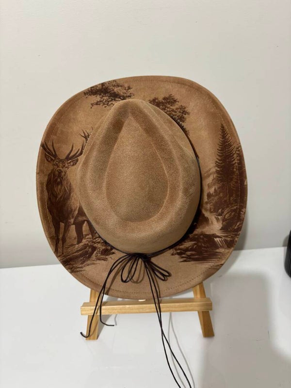 Stunning deer in the forest with waterfall laser etched fedora hat.