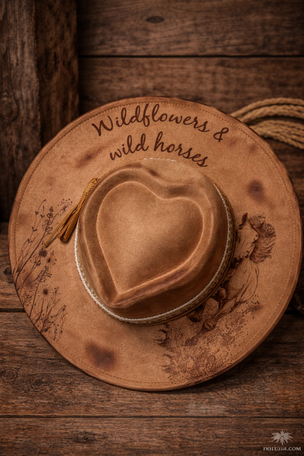 Laser etched Wildflowers, Wild horses with a beautiful natural style band.  The size is 56cm,  with a "distressed" look.