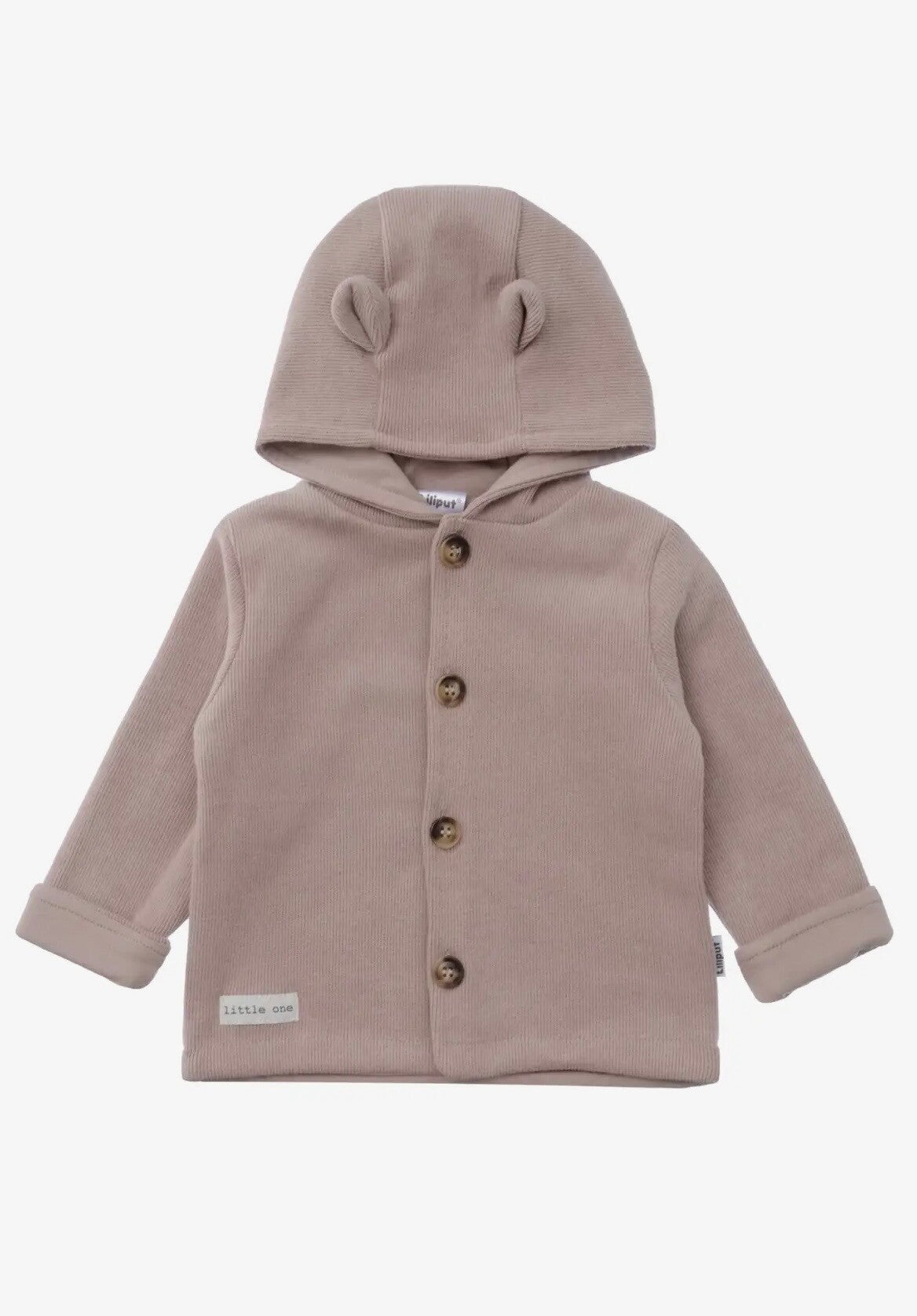 Cardigan côtelé marron avec petites oreilles sur la capuche