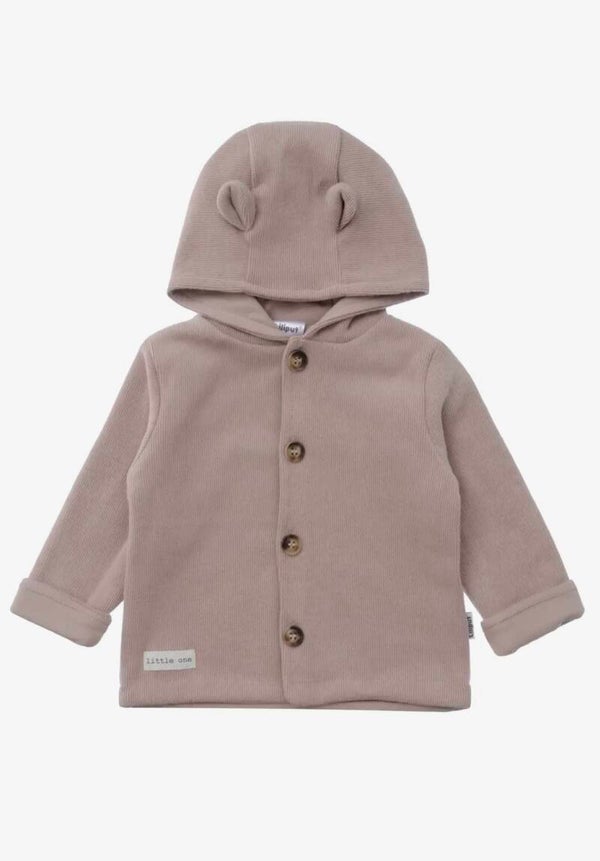 Cardigan côtelé marron avec petites oreilles sur la capuche