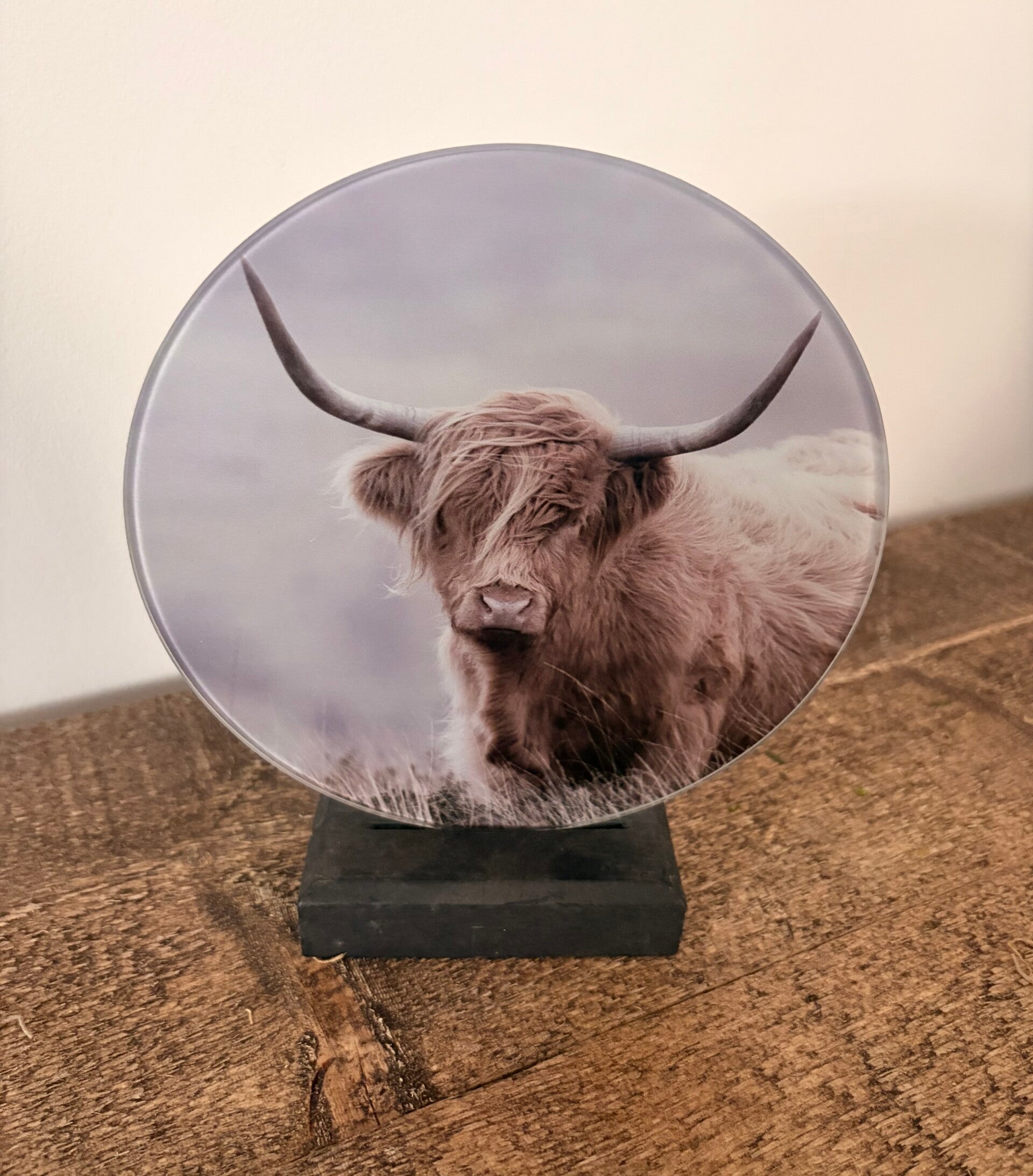 Glasplaatje met houder Schotse hooglander licht