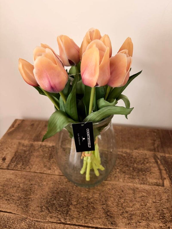 Prachtige tulpen zacht zalm met paars 5 stelen per bosje