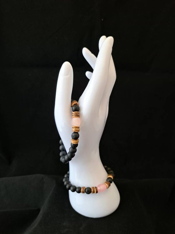 Armband - Zwarte natuursteen met Rozenkwarts.