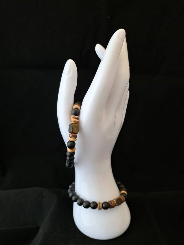Armband - Zwarte natuursteen met Tijgeroog.