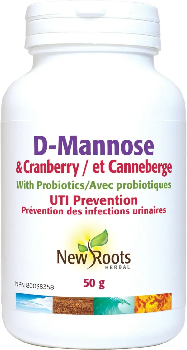New Roots Herbal D-Mannose et canneberge avec probiotiques 50g