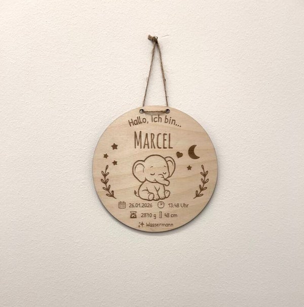 Personalisierte Geburtstafel aus Holz "Elefant"