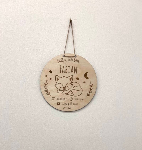 Personalisierte Geburtstafel aus Holz "Fuchs"