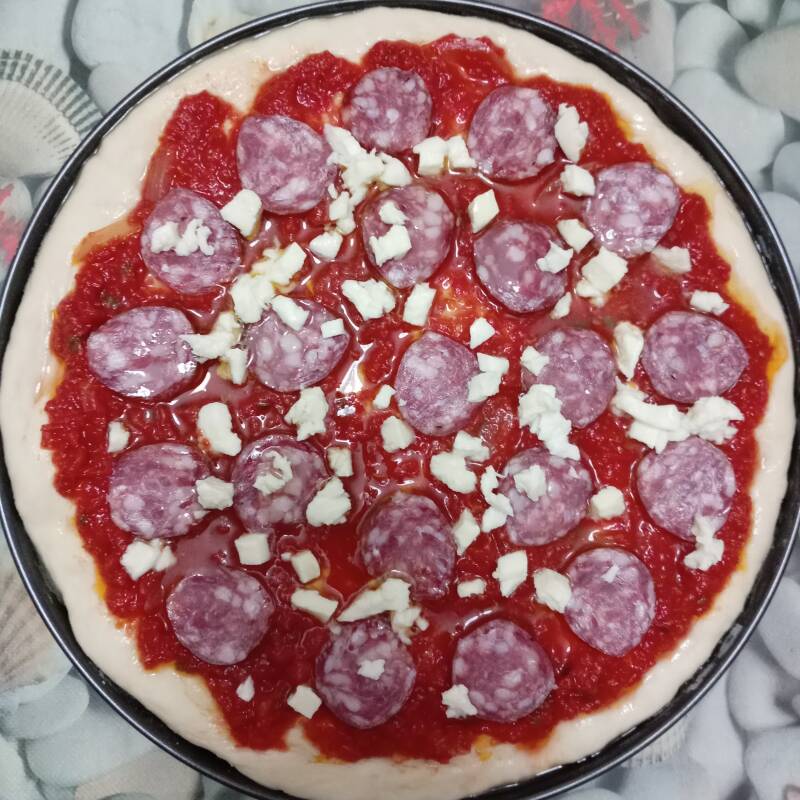 Pizza condita con: sugo, mozzarella e salame.