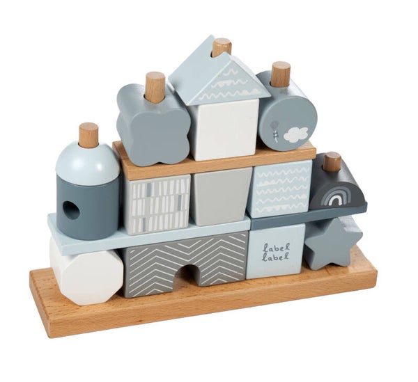 Label Label houten blokkenhuis met naam blauw