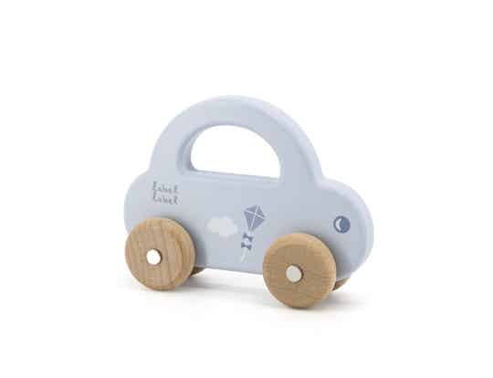 Label Label houten auto met naam blauw