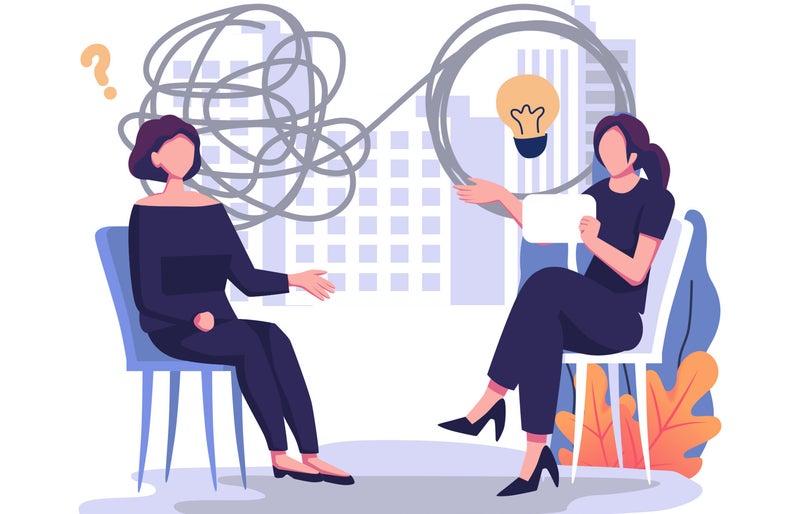 Two people sitting and talking, with one woman having a question mark and scribbles above her head and the other helping make sense of it, representing counselling, coaching, and CBT support at Amaanah Wellbeing in Wolverhampton and Telford