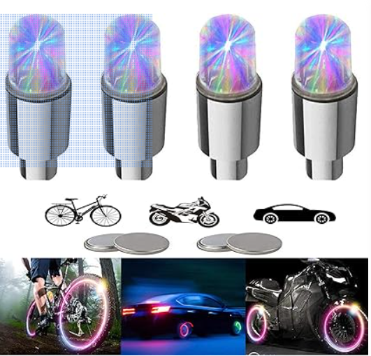 YUERWOVER 4/8 LED Bike Wheel Lights Car Tire Valve Stems Caps Bicycle Motorcycle Waterproof Tyre Spoke Flash Lights Cool Reflector Accessories for Kids Men Women with 10 Extra Batteries