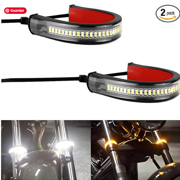 zipelo 2 luces LED de señal de giro para motocicleta, intermitentes flexibles de doble color blanco y ámbar para horquilla con función switchback, luz diurna DRL impermeable, barras ajustables para