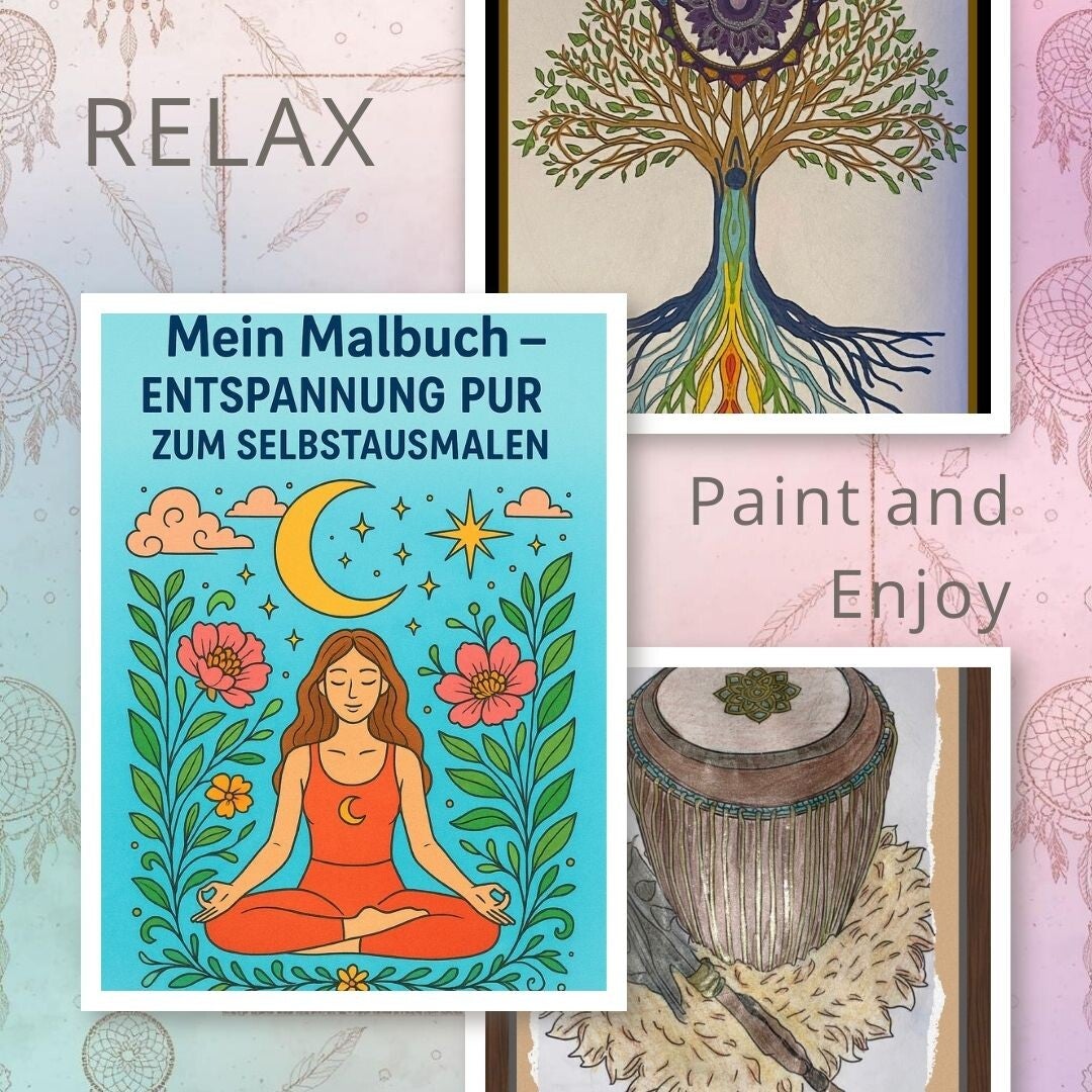 Download Malbuch „Meditation“ – 90 A4-Hochformat Linearts | Lotus Mandalas Traumfänger Federn | Anti-Stress Ausmalen für Erwachsene & Teens