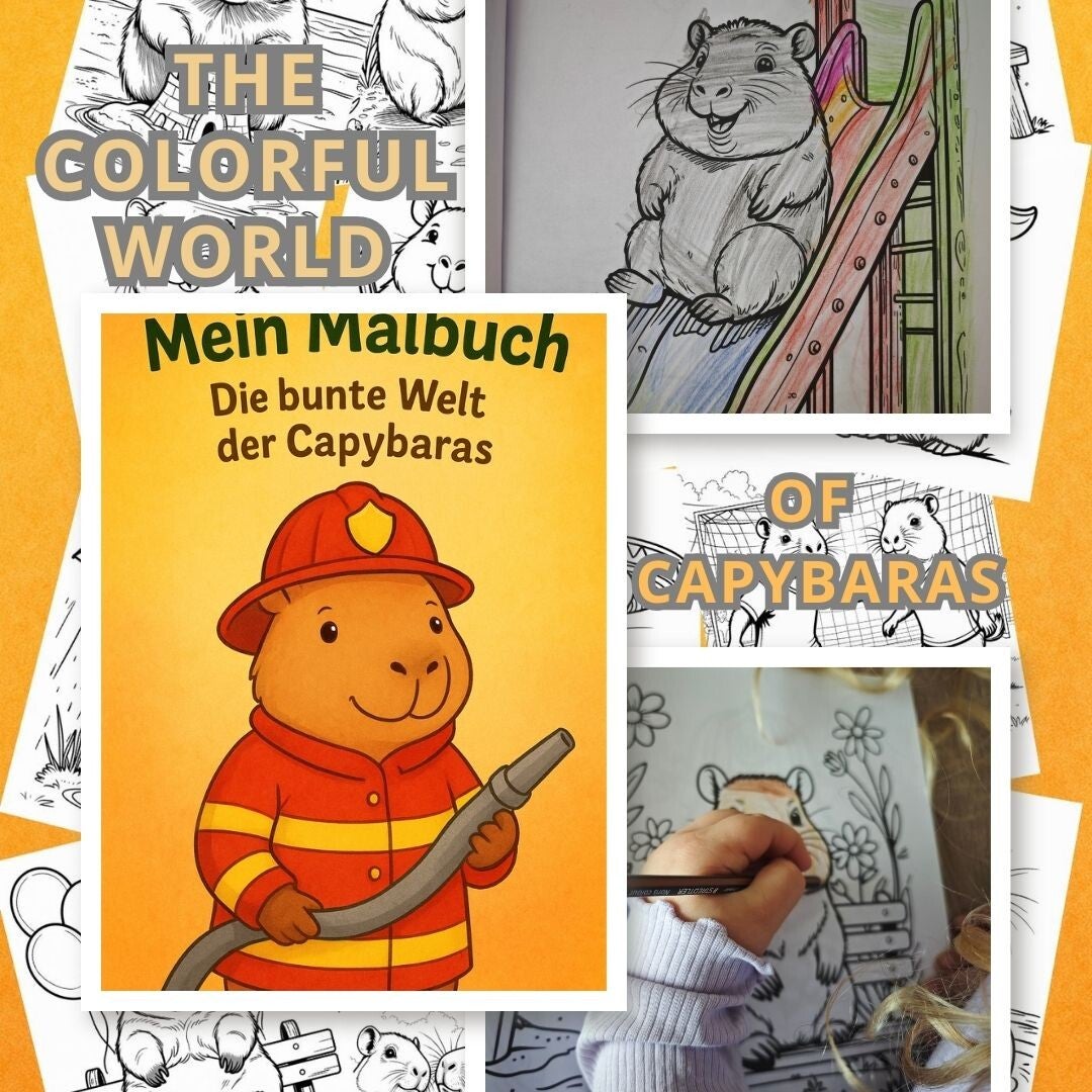 Capybara Malbuch Kinder | 64 süße Szenen Koch Handwerker Strand | Printable A4 PDF | Tier-Malbuch zum Ausdrucken | Geschenk Jungen Mädchen