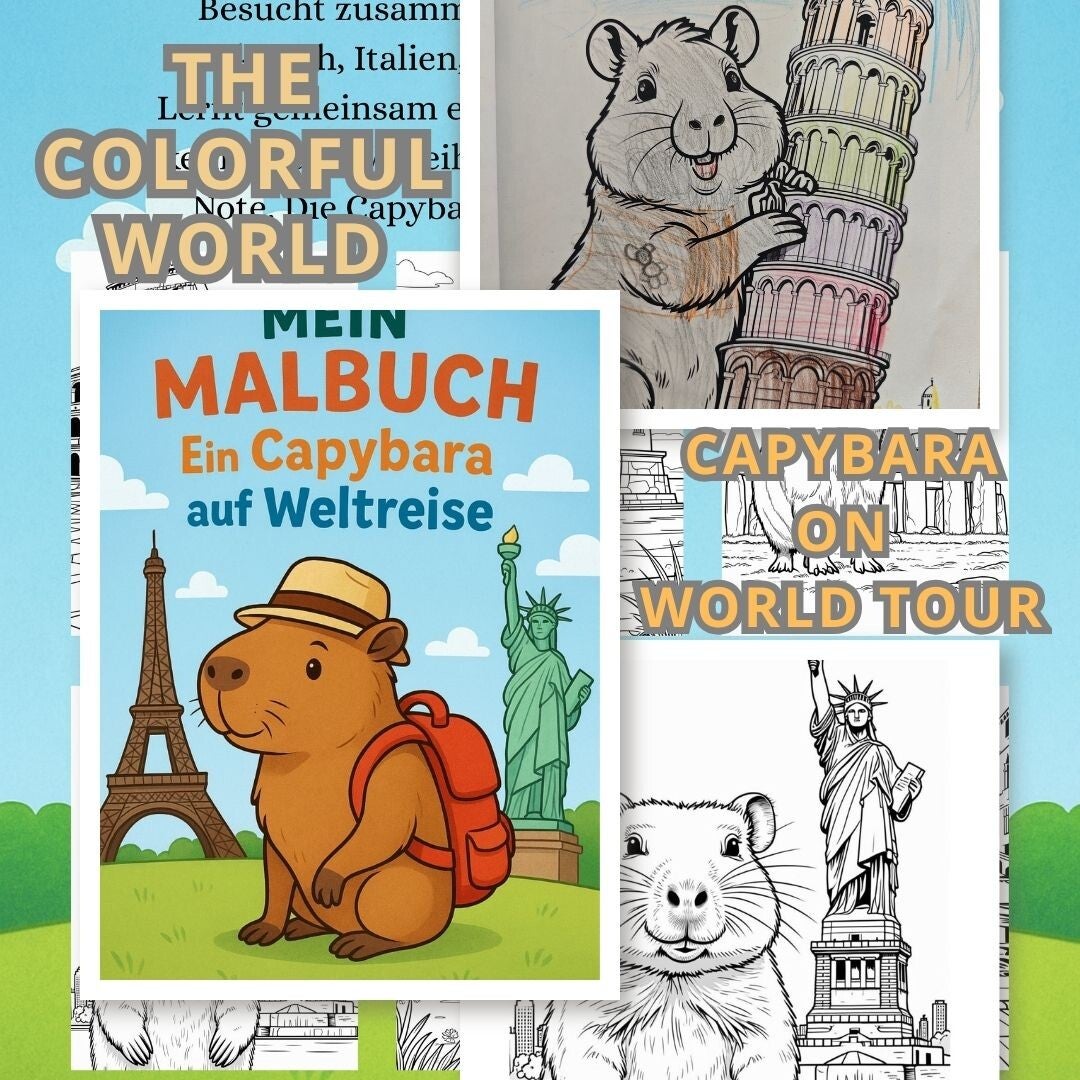 Capybara-Weltreise Malbuch PDF – 51 Länder-Seiten zum Ausdrucken, kindgerechte Infos, Länder & Sehenswürdigkeiten entdecken