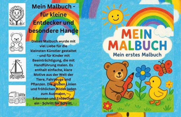 Malbuch für Kleinkinder & Handführung | 31 große Motive Tiere, Fahrzeuge, Spielzeug | Printable A4 PDF | Für Beeinträchtigung / Senioren