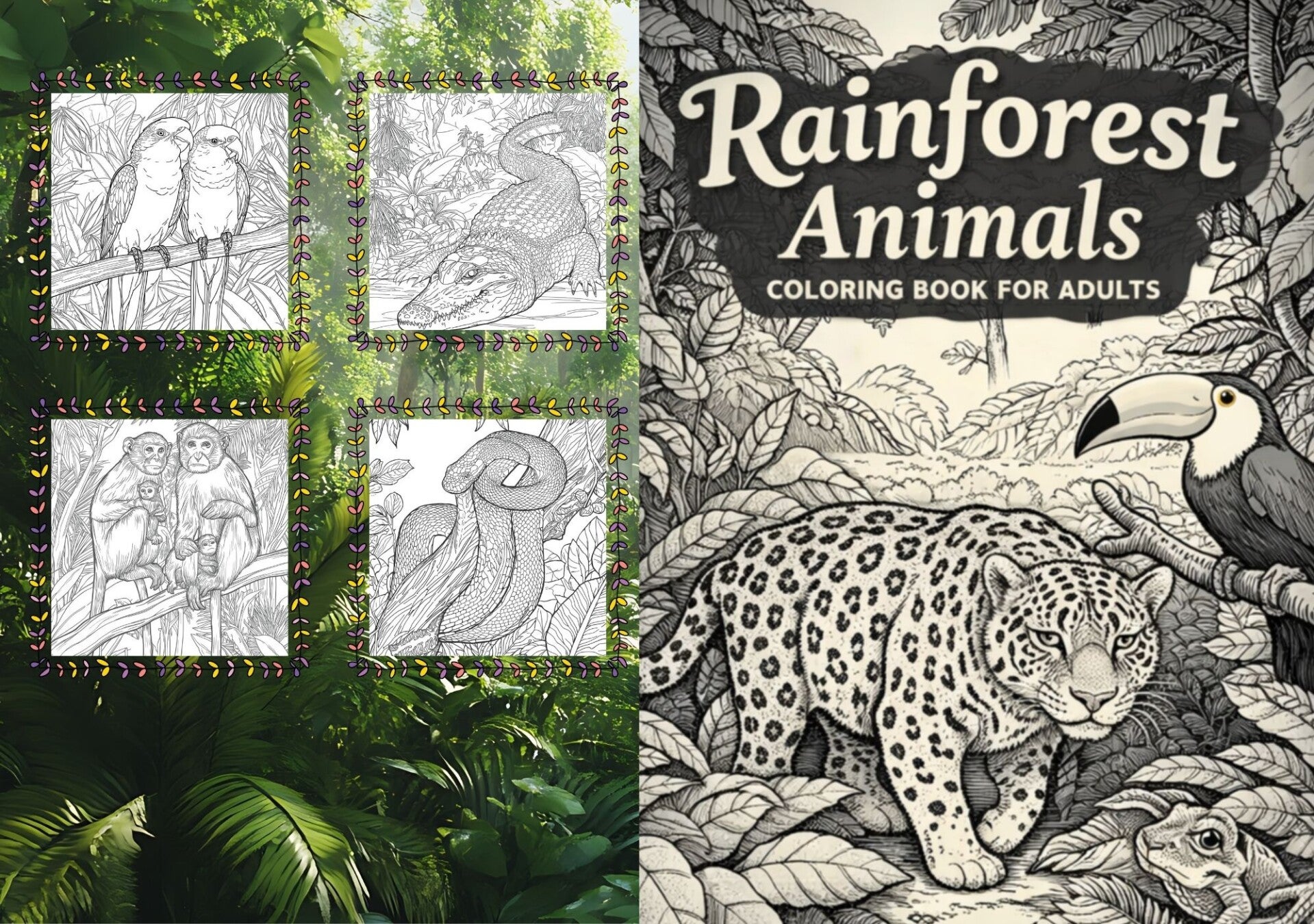 Rainforest Animals Adults: Hochwertiges Malbuch für Erwachsene | 42 detaillierte Regenwaldtier-Motive | Entspannung, Achtsamkeit & kreative Auszeit