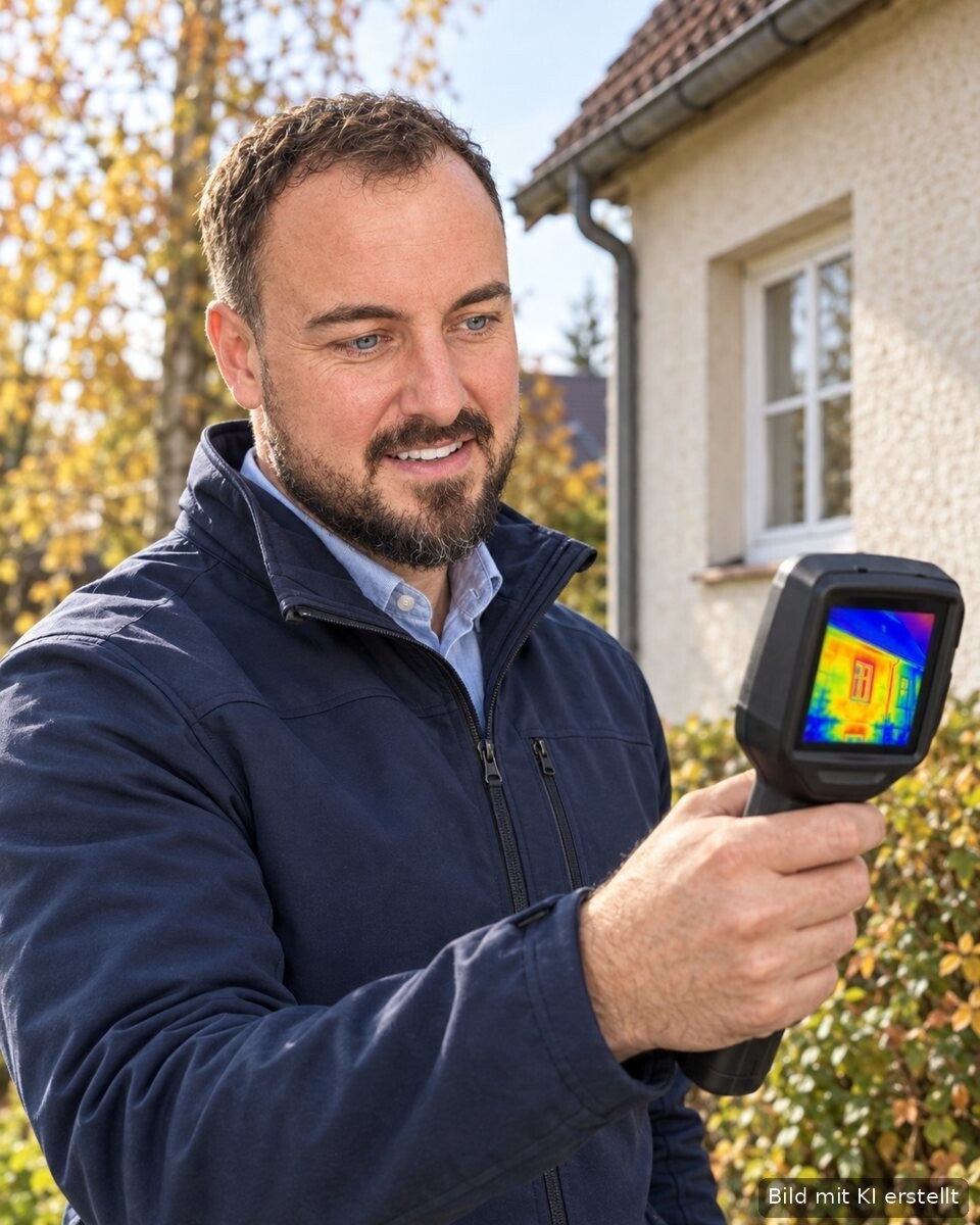 Energieberater bei der Wärmebildaufnahme einer Hausfassade (Bild mit KI erstellt)
