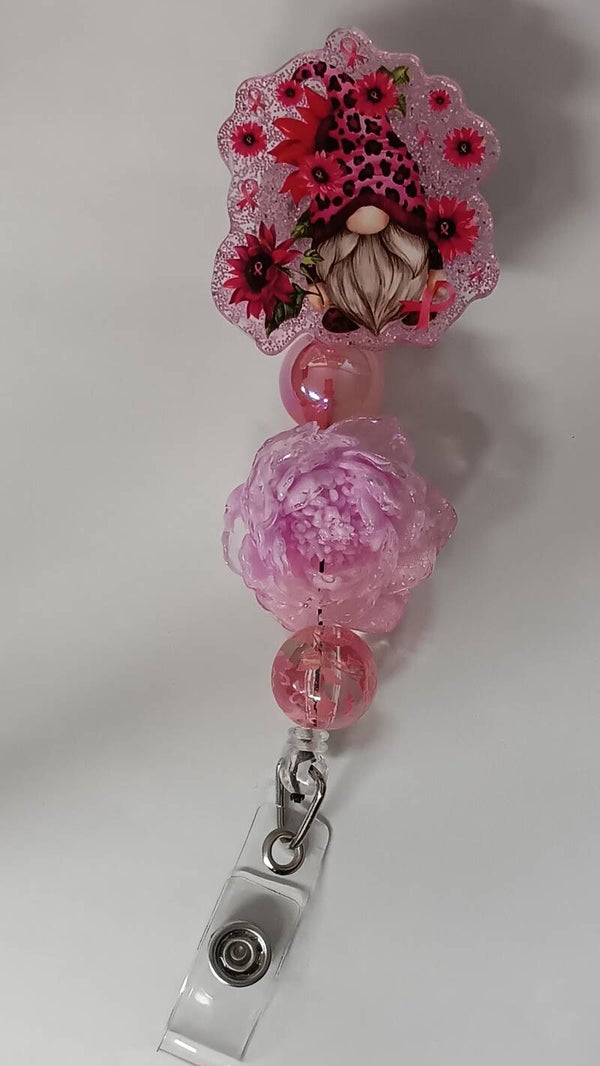 Pink Leopard Gnome Garden Badge Reel