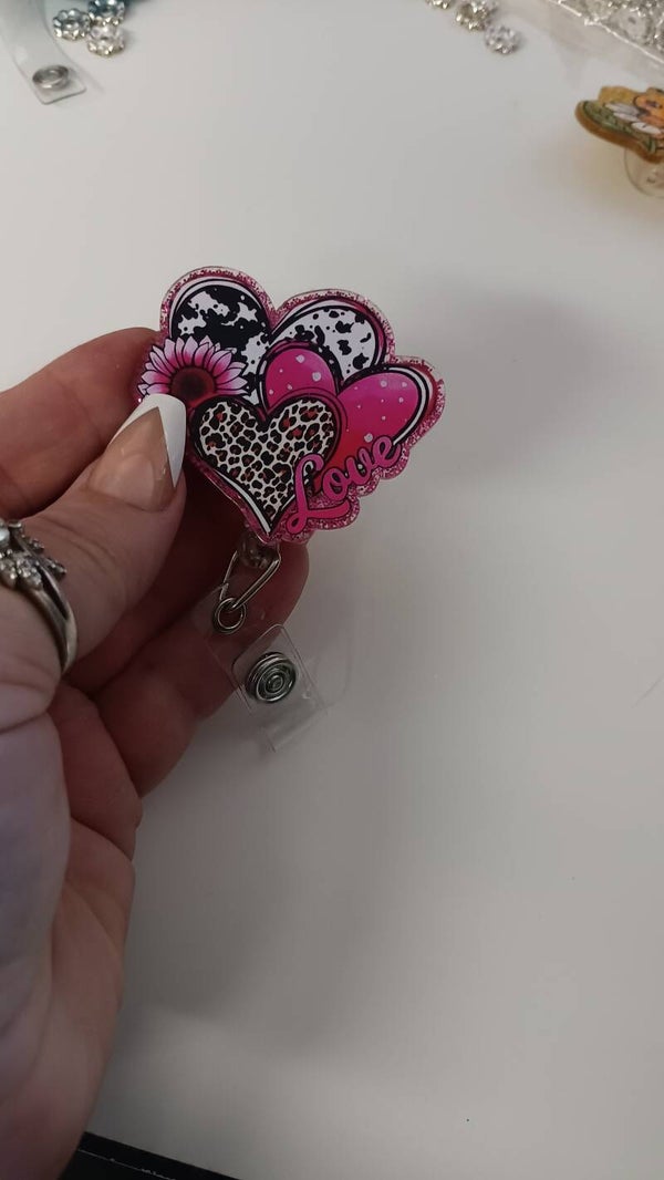 cow print heart badge reel