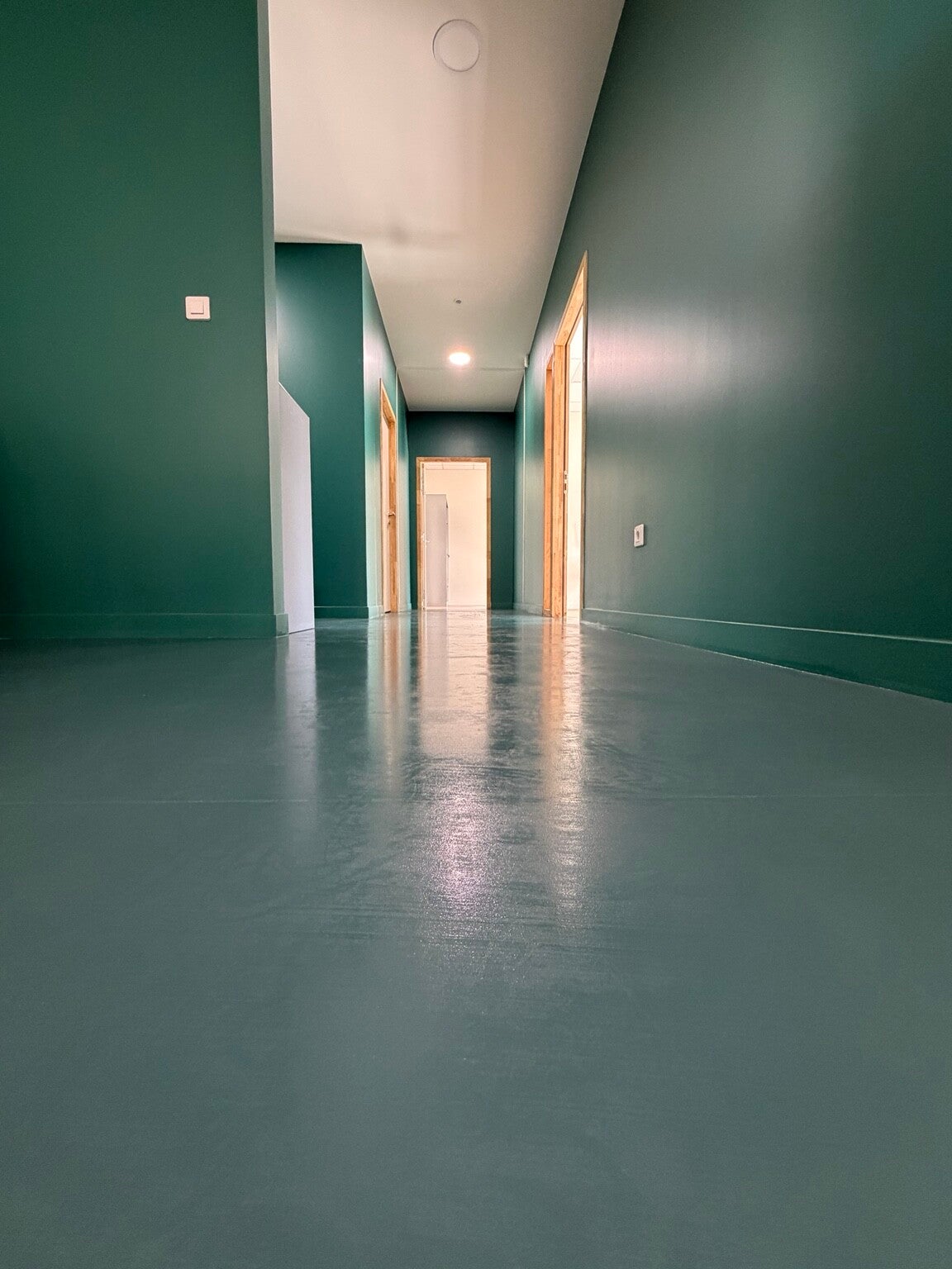 Couloir aux murs verts et sol propre après intervention NEA