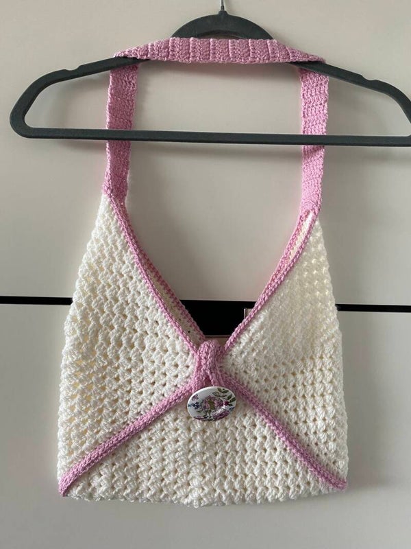 One-Off No. 37 – Handmade Crochet Blush & Ivory Origami Shoulder Bag