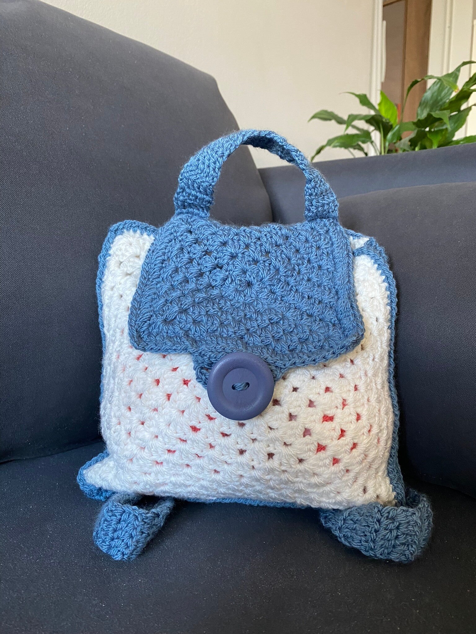 Little Everyday No. 7 – Handmade Crochet Blue & White Mini Backpack