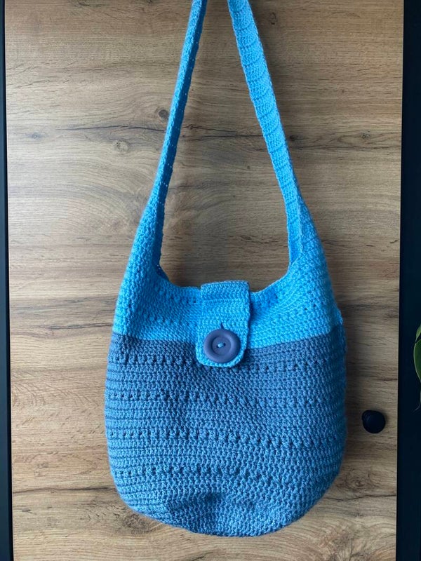 One-Off No. 47 – Handmade Crochet Sky Blue Button Shoulder Bag