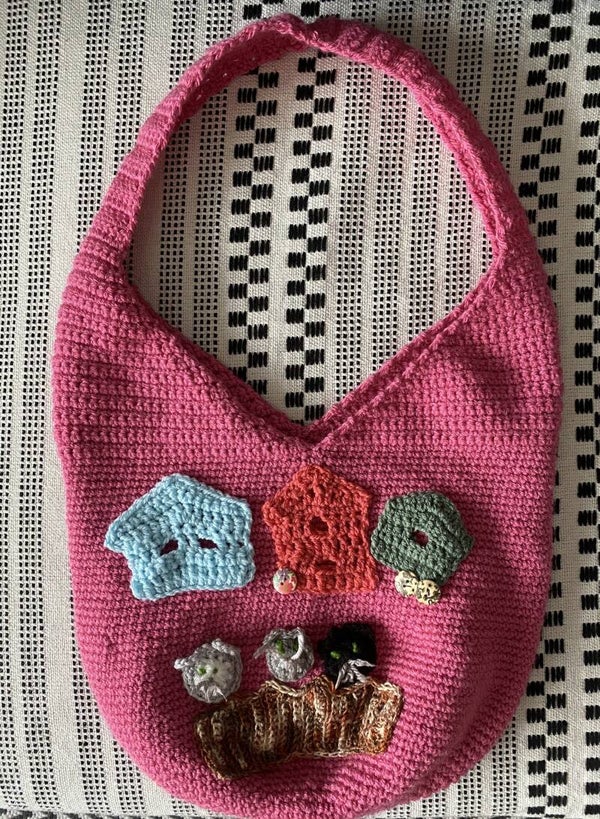 One-Off No. 42 – Handmade Crochet Pink Slouch Shoulder Bag with Mini Village Appliqué