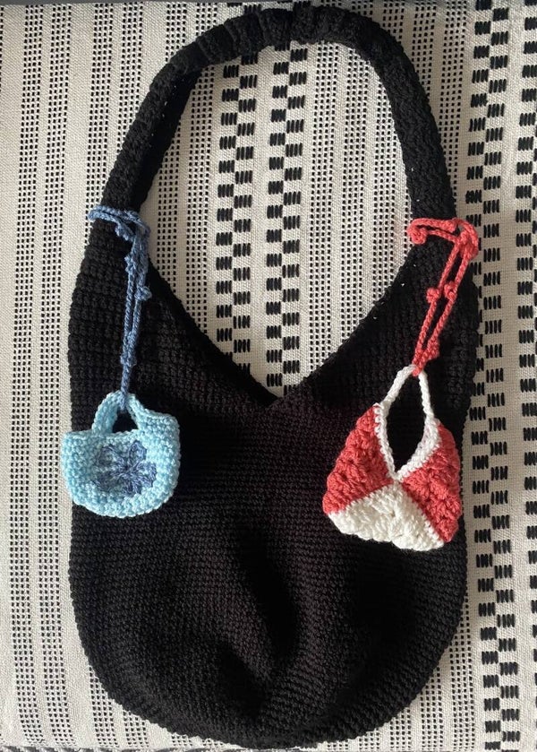 One-Off No. 41 – Handmade Crochet Black Slouch Shoulder Bag with Mini Charms