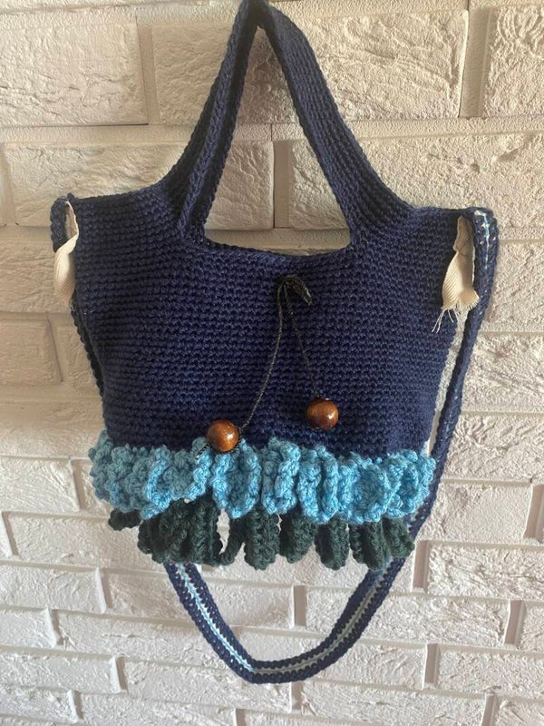 One-Off No. 34 – Handmade Crochet Ocean Ruffle Shoulder Tote