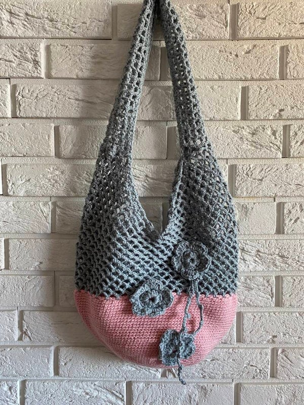 One-Off No. 43 – Handmade Crochet Grey & Blush Slouch Mesh Shoulder Bag
