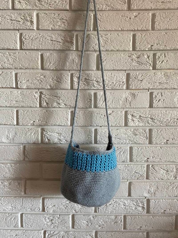 One-Off No. 44 – Handmade Crochet Grey & Sky Blue Bucket Shoulder Bag