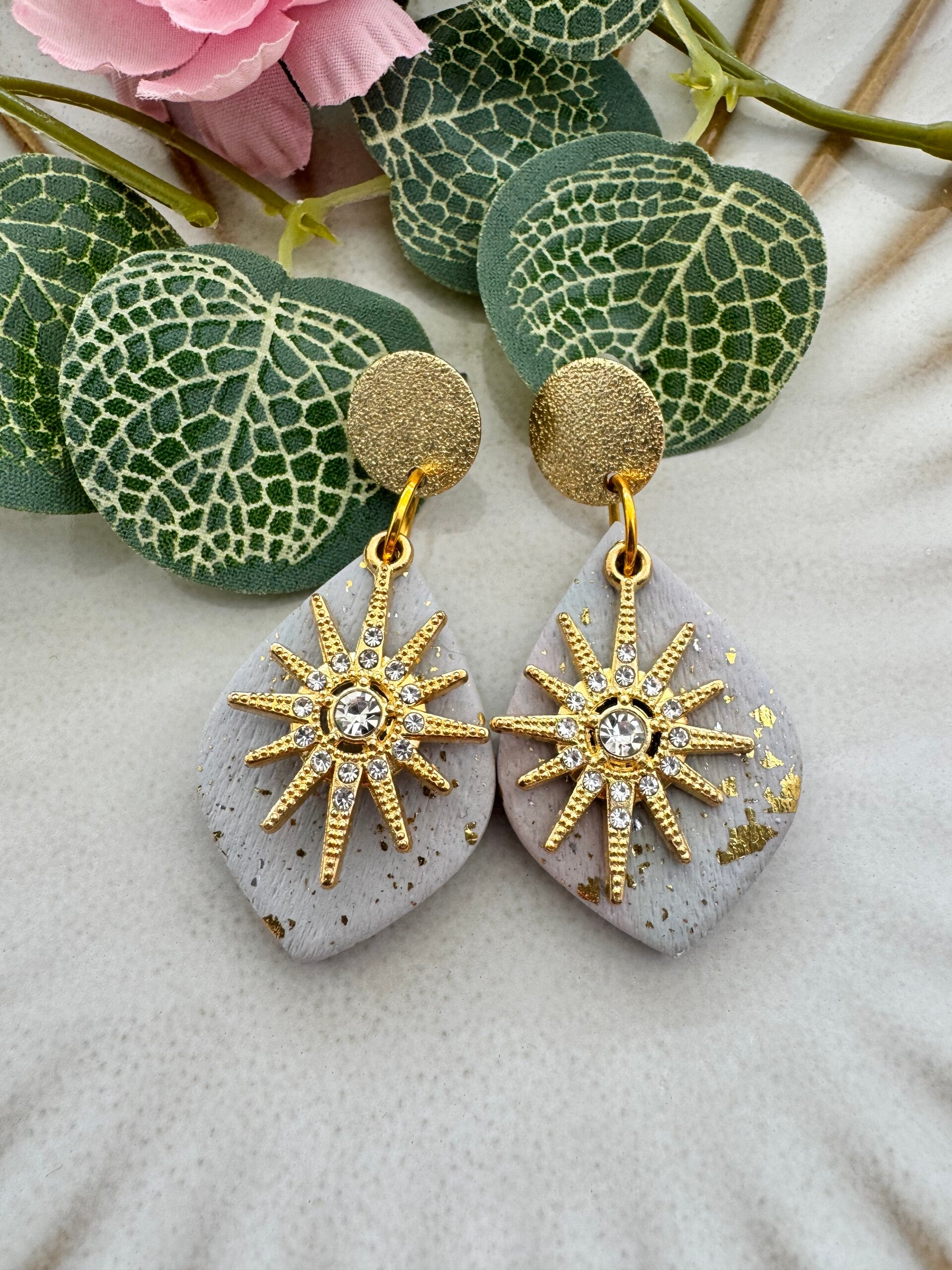 Large Grey and Gold Dangle Earrings