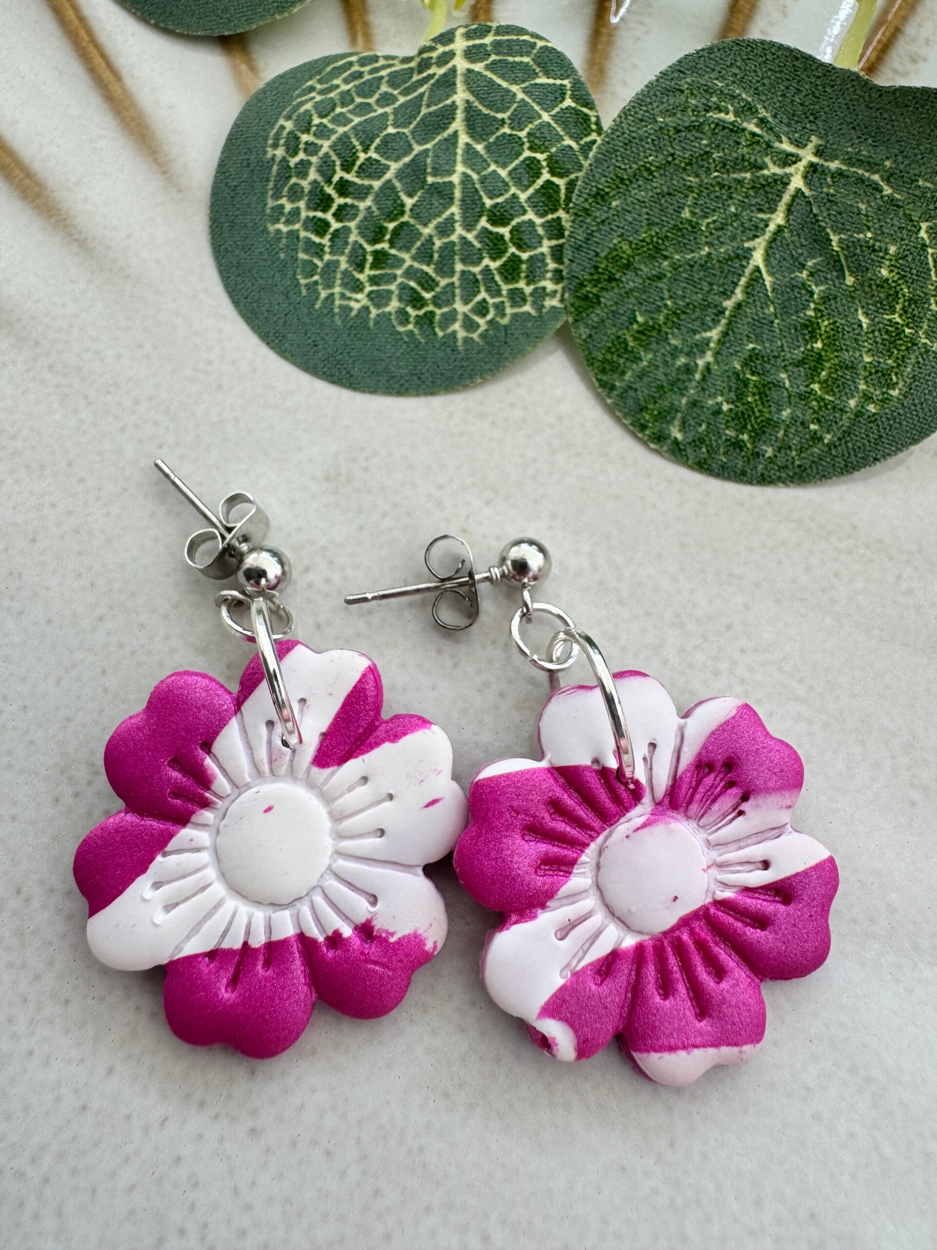 Pink and white flower earrings