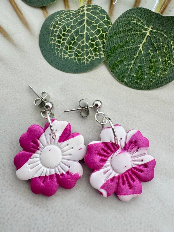 Pink and white flower earrings