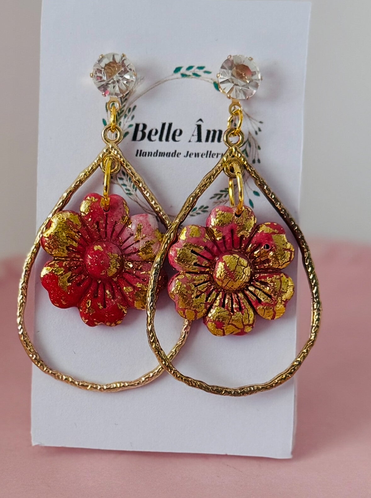 Large Pink and Gold Dangle Earrings