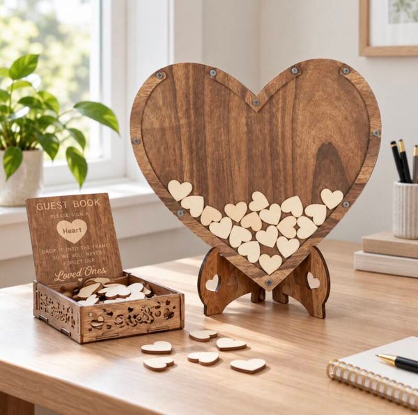Wooden Heart Drop Box Wedding Guest Book | Frame, 88 Hearts & Keepsake Box
