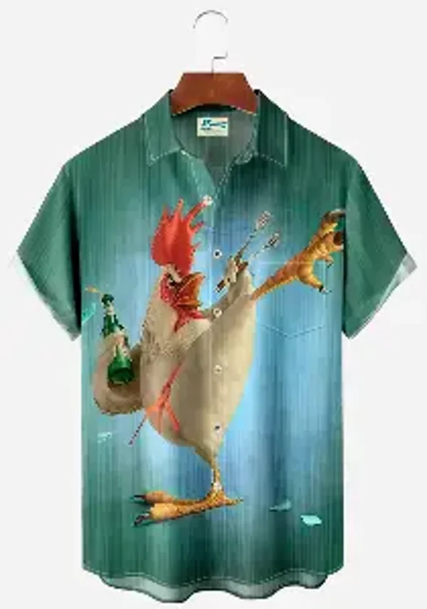 Royaura® Vintage Gradient Kung fu Rooster Men's Button Pocket Short Sleeve Shirt -  Green - Small