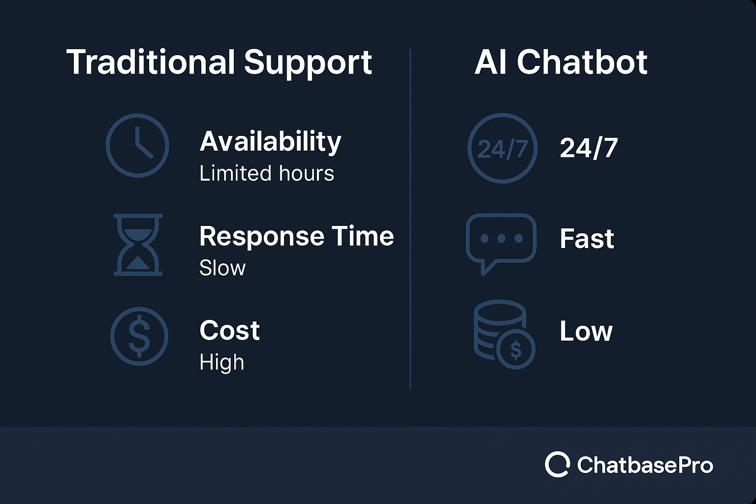 Traditional support vs AI chatbot chart 2025 ChatBasePro performance comparison