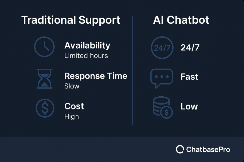 Icons representing the challenges of traditional customer support versus AI chatbots - ChatBasePro