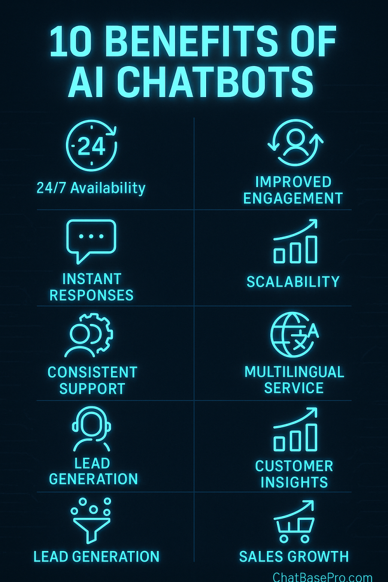 List of top 10 benefits of AI chatbots for businesses including 24/7 support, cost savings, and improved engagement - ChatBasePro
