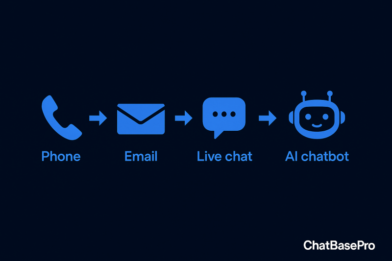 Icons showing AI chatbot customer support features including instant responses, automation, and engagement - ChatBasePro