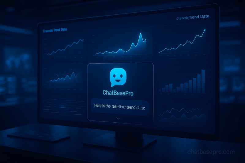 ChatBasePro chatbot interface reacting to live Crazedo trend data — real-time automation example.