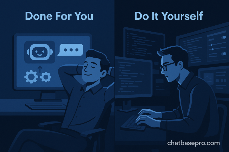 AI automation vs manual work 2025 ChatBasePro done for you vs do it yourself graphic