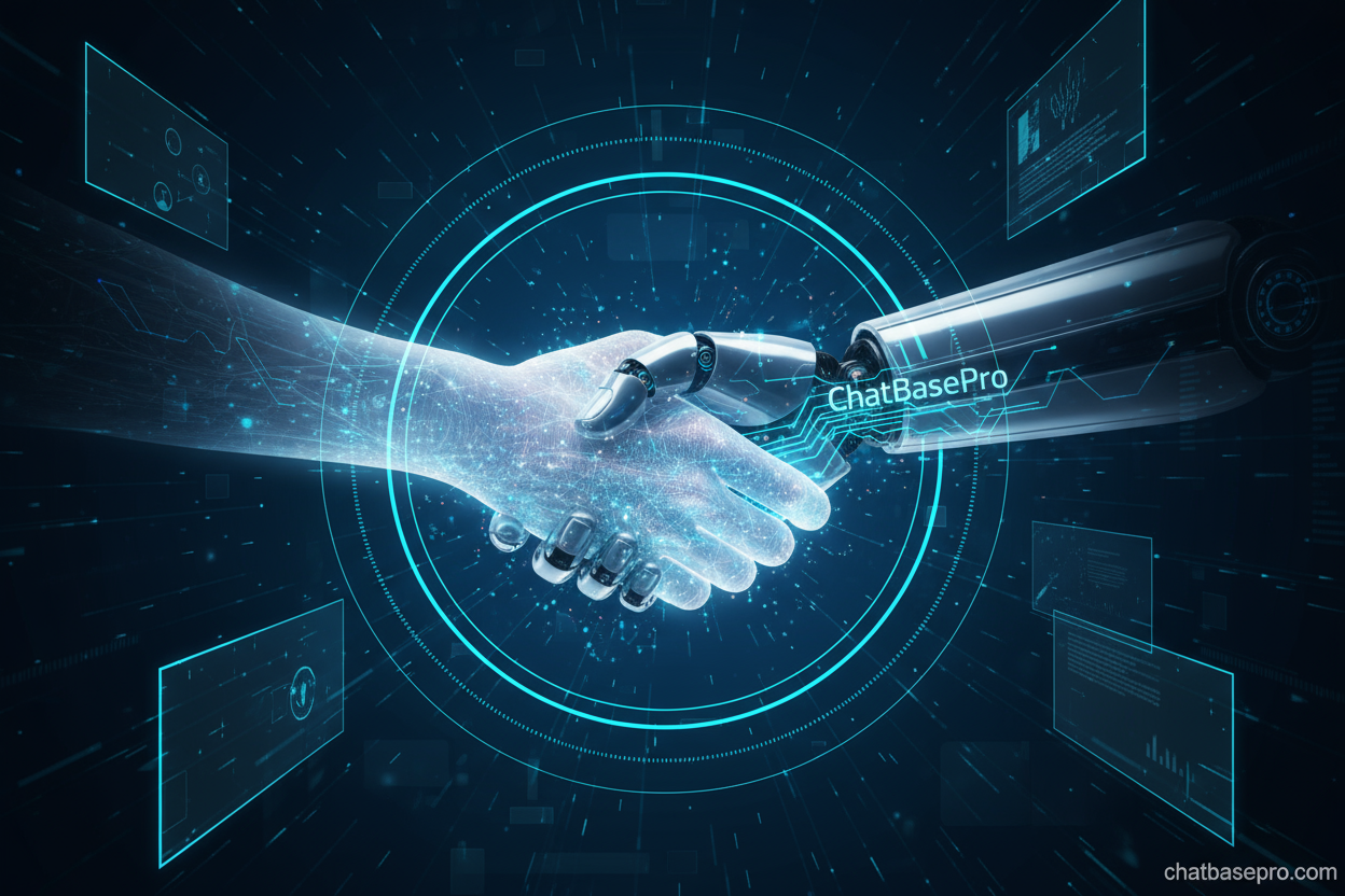 Ethics, Transparency, and Responsibility – ChatBasePro AI ethics handshake illustration symbolizing trust and accountability