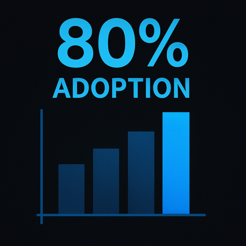 Bar chart showing 80% adoption rate of AI chatbots among businesses in 2025 - ChatBasePro