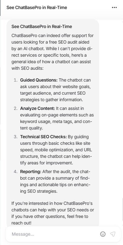 Mobile screenshot of SEO chatbot conversation explaining real-time SEO checks, content suggestions, keyword insights, and lead generation features.